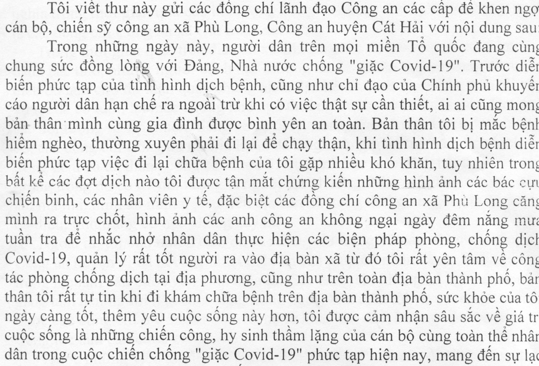 Chị  Nguyễn Thị Ngọc Anh ở huyện Cát Hải gửi thư cảm ơn